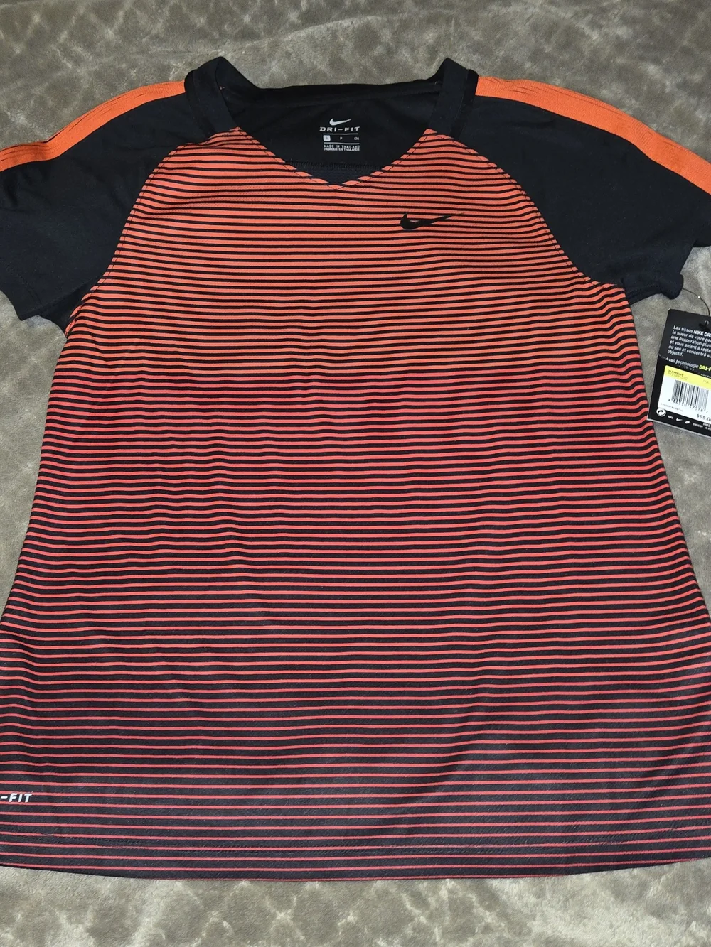 Nike Women's Black and Orange Striped Dri-FIT Jersey